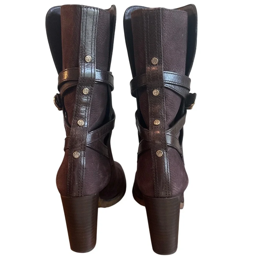 Tory Burch Brown Pebbled Leather Wrap Strap Heeled Ankle Boots Size 9